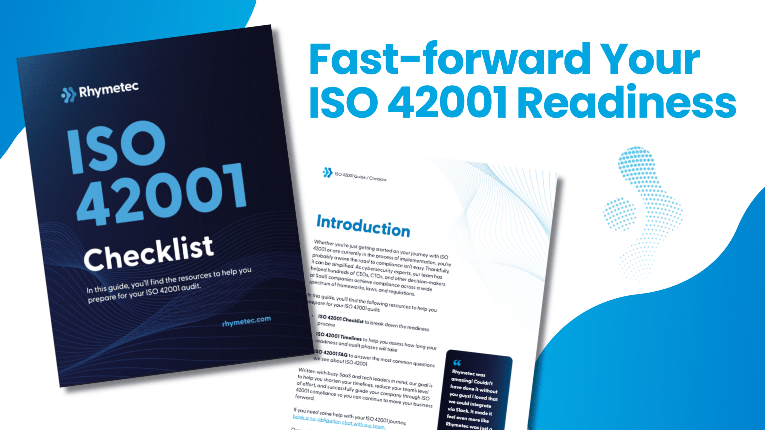 A booklet titled "ISO 42001 Checklist" next to an introduction page, both with blue and white design elements. The heading reads, "Fast-forward Your ISO 42001 Readiness."